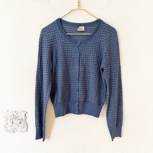 Rodier Blue and Gray Wool and Silk Blend Open Weave Cropped Cardigan Sweater M